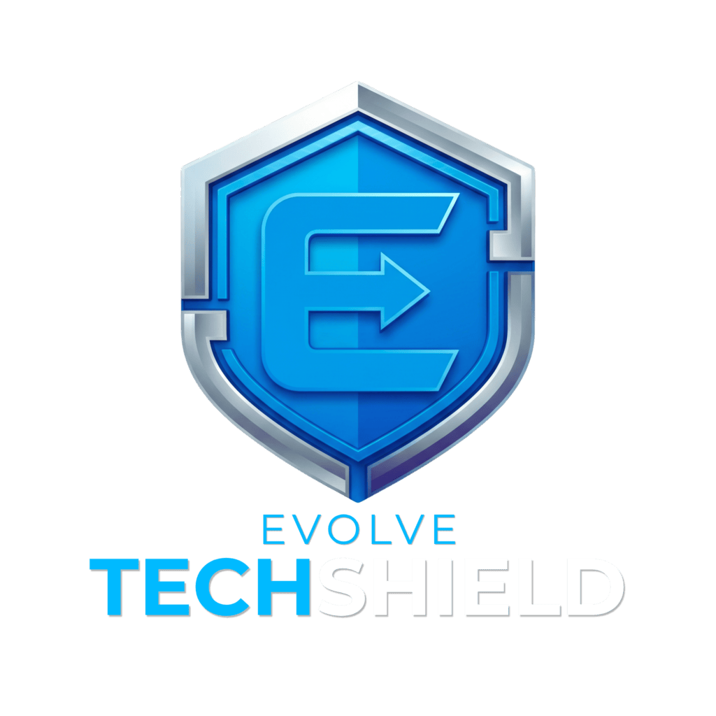 Blue gradient shield logo with layered silver border and bold text reading EVOLVE TECHNOLOGY beneath it, suggesting a tech brand identity.