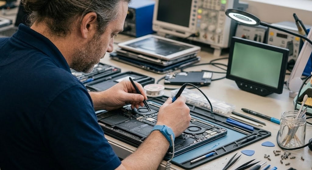Evolve Computer Technician repairing a business laptop.