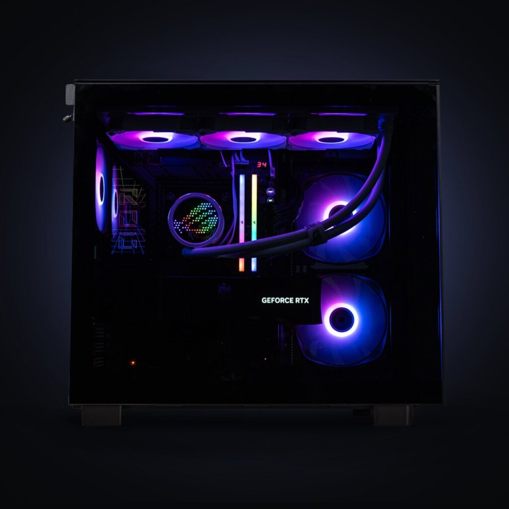 Black gaming PC with a glass side panel, liquid cooler and purple-and-blue RGB fans
