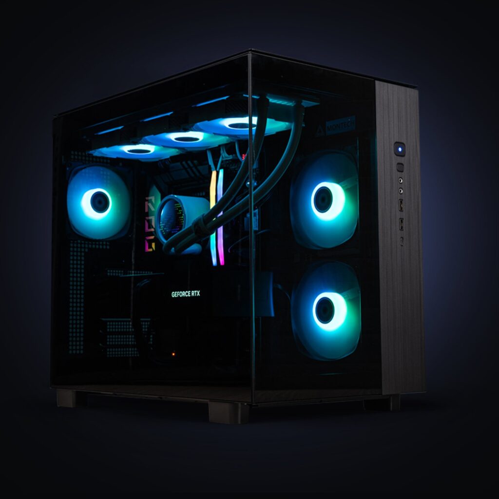 Dual-glass gaming PC with a 360mm liquid cooler and blue RGB fans, an earlier Evolve Gold build