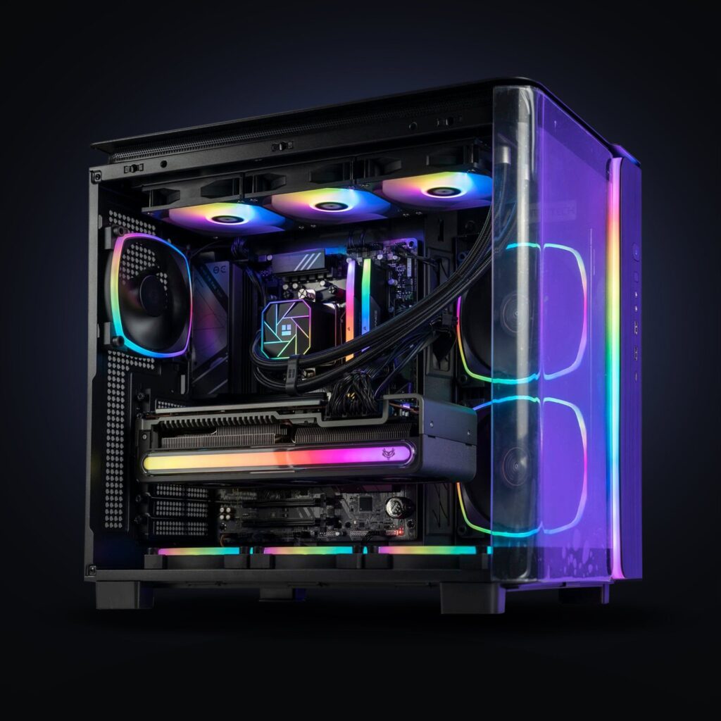 Montech King 95 Pro gaming PC with curved glass, RGB light strip and liquid cooling, an earlier Evolve Platinum build