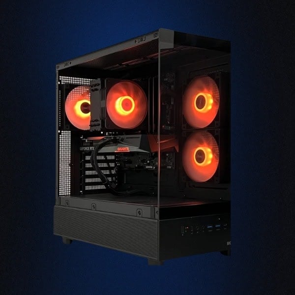 Black glass-panel gaming PC with orange-lit fans, an earlier Evolve Silver build